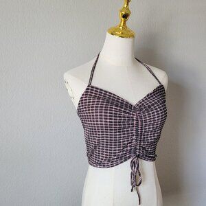 2K Plaid Ruched Halter Crop Top Pink Black Checkered Drawstring Tank